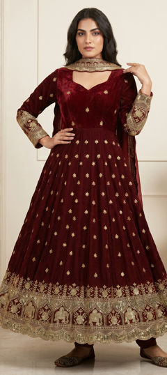 Red and Maroon color Salwar Kameez in Tissue fabric with Embroidered, Sequence, Thread work