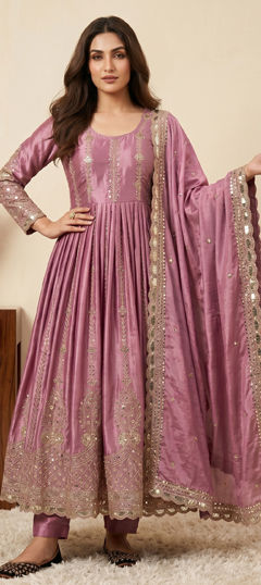 Pink and Majenta color Salwar Kameez in Chinon Silk fabric with Embroidered, Sequence, Thread work