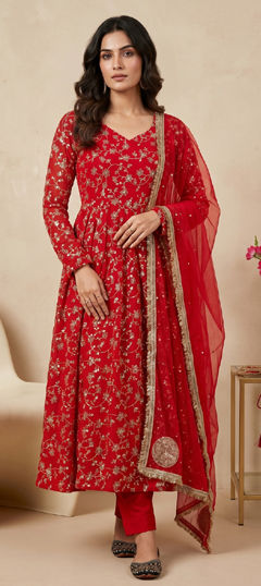 Red and Maroon color Salwar Kameez in Georgette fabric with Embroidered, Sequence, Thread work
