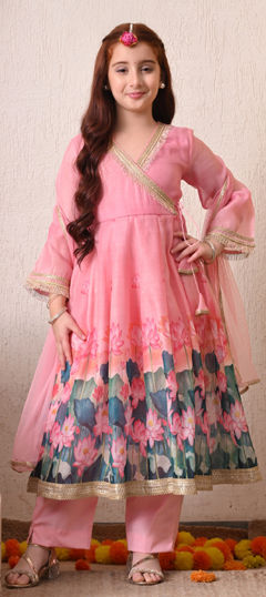 Pink and Majenta color Kids Salwar in Blended fabric with Bugle Beads, Floral, Gota Patti, Lace, Printed work