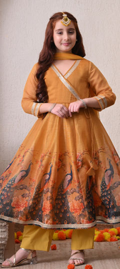 Beige and Brown color Kids Salwar in Blended fabric with Bugle Beads, Floral, Gota Patti, Printed work