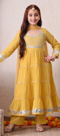Yellow color Kids Salwar in Cotton fabric with Gota Patti, Lace work