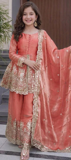 Orange color Kids Salwar in Tissue fabric with Embroidered, Sequence work