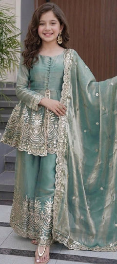 Green color Kids Salwar in Tissue fabric with Embroidered, Sequence work