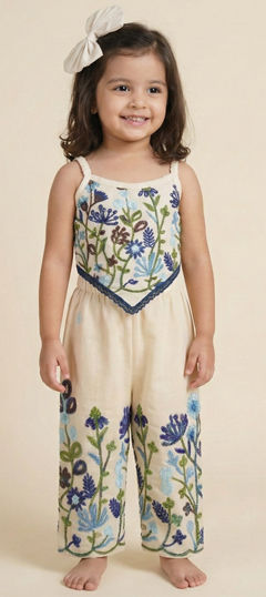 Beige and Brown color Girls Top with Bottom in Cotton Flex fabric with Embroidered work