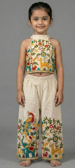 White and Off White color Girls Top with Bottom in Cotton Flex fabric with Embroidered work