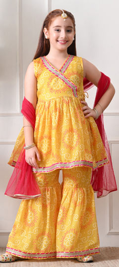 Yellow color Kids Salwar in Blended fabric with Bandhej, Gota Patti, Printed work