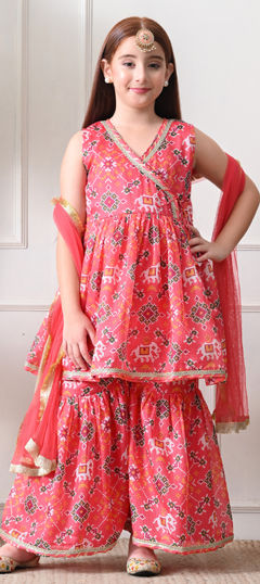 Pink and Majenta color Kids Salwar in Cotton fabric with Gota Patti, Printed work