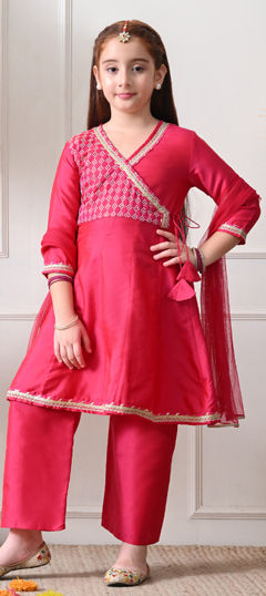 Pink and Majenta color Kids Salwar in Blended fabric with Embroidered, Lace work