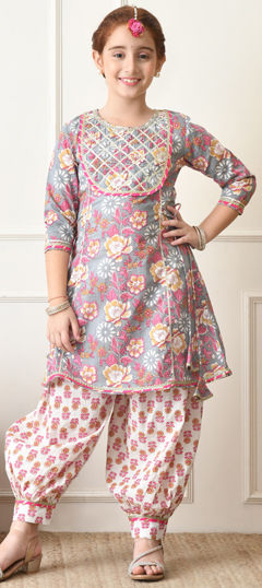 Black and Grey color Girls Top with Bottom in Cotton fabric with Floral, Gota Patti, Printed work