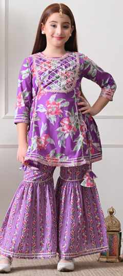 Purple and Violet color Girls Top with Bottom in Cotton fabric with Floral, Gota Patti, Printed work