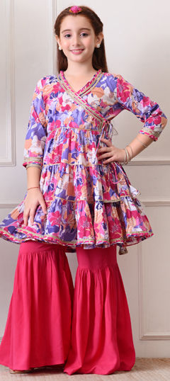 Blue, Pink and Majenta color Girls Top with Bottom in Cotton fabric with Floral, Gota Patti, Printed work