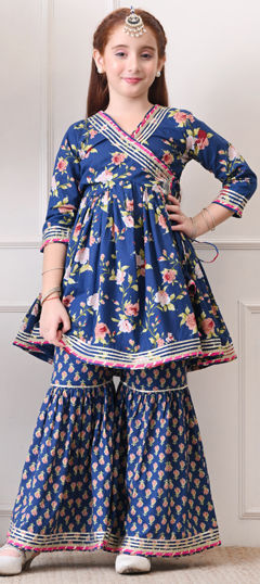 Blue color Girls Top with Bottom in Cotton fabric with Floral, Gota Patti, Printed work
