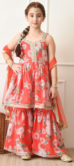 Red and Maroon color Kids Salwar in Blended fabric with Floral, Gota Patti, Printed work