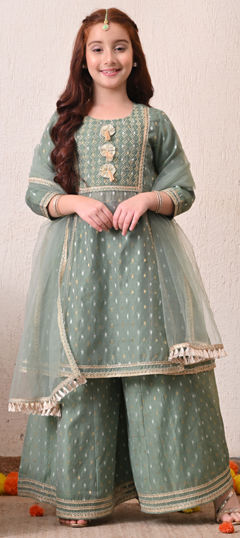 Green color Kids Salwar in Blended fabric with Gota Patti, Thread, Zari work