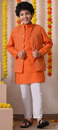 Orange color Boys Kurta Pyjama with Jacket in Cotton fabric with Embroidered, Weaving work