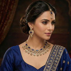 Gold Rodium Polish Blue color Necklace in Metal Alloy studded with Austrian diamond