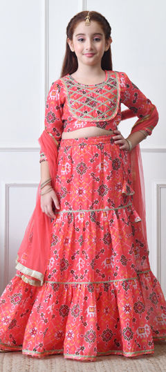 Pink and Majenta color Kids Lehenga in Blended fabric with Lace, Printed work