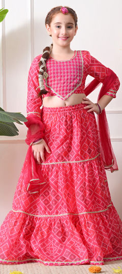 Pink and Majenta color Kids Lehenga in Blended fabric with Bandhej, Border, Printed work