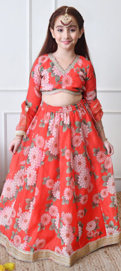 Orange color Kids Lehenga in Blended fabric with Border, Floral, Printed work