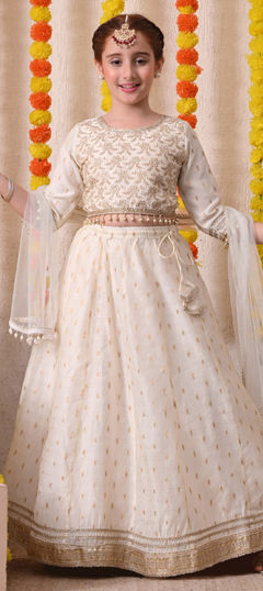 White and Off White color Kids Lehenga in Blended fabric with Border, Embroidered, Gota Patti work