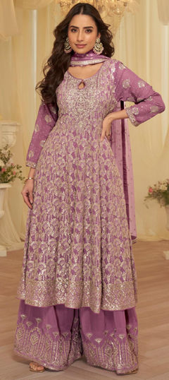 Pink and Majenta color Salwar Kameez in Georgette fabric with Embroidered, Sequence, Thread, Zari work