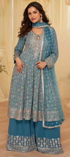 Blue color Salwar Kameez in Georgette fabric with Embroidered, Sequence, Thread, Zari work