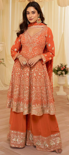 Beige and Brown color Salwar Kameez in Georgette fabric with Embroidered, Sequence, Thread, Zari work