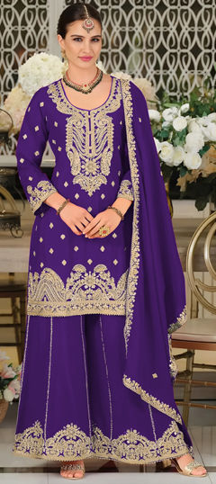 Pink and Majenta color Salwar Kameez in Chinon Silk fabric with Embroidered, Sequence, Zircon work