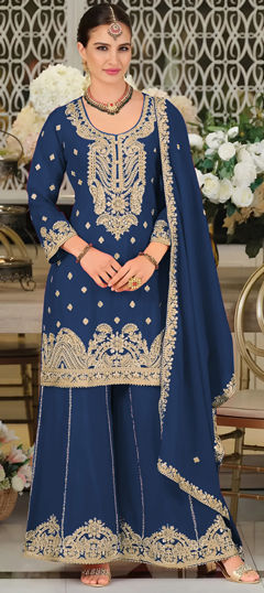 Blue color Salwar Kameez in Chinon Silk fabric with Embroidered, Sequence, Zircon work