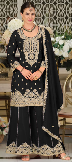 Black and Grey color Salwar Kameez in Chinon Silk fabric with Embroidered, Sequence, Zircon work