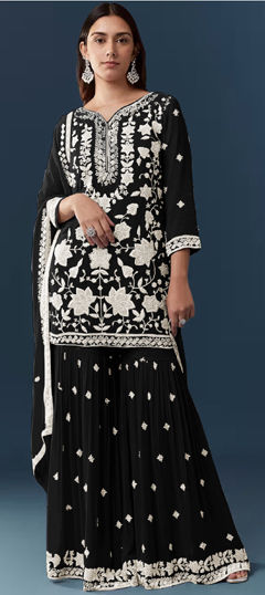 Black and Grey color Salwar Kameez in Georgette fabric with Embroidered work
