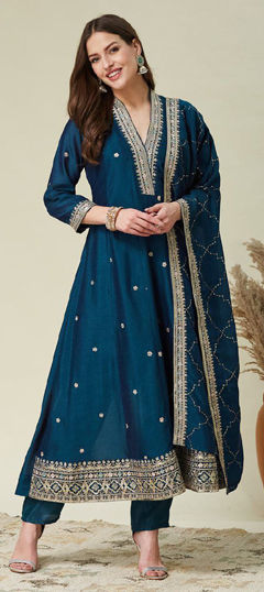 Blue color Salwar Kameez in Silk fabric with Embroidered, Sequence, Thread, Zari work