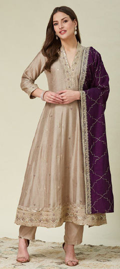 Beige and Brown color Salwar Kameez in Silk fabric with Embroidered, Sequence, Thread, Zari work