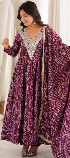 Purple and Violet color Salwar Kameez in Rayon fabric with Embroidered, Gota Patti, Lace work