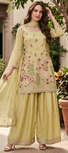 Yellow color Salwar Kameez in Chinon Silk fabric with Embroidered, Sequence work