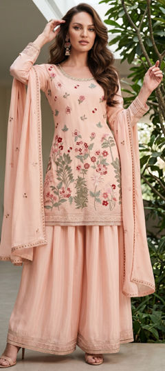Pink and Majenta color Salwar Kameez in Chinon Silk fabric with Embroidered, Sequence work