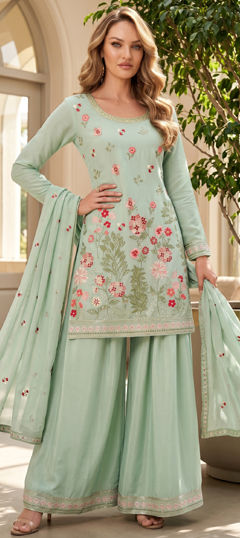 Blue color Salwar Kameez in Chinon Silk fabric with Embroidered, Sequence work