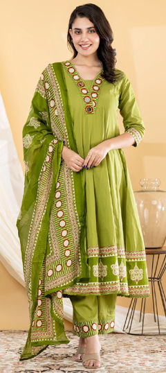 Green color Salwar Kameez in Cotton fabric with Mirror, Printed work