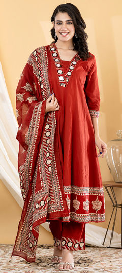 Red and Maroon color Salwar Kameez in Cotton fabric with Mirror, Printed work