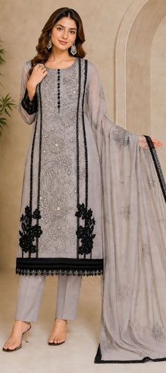Black and Grey color Salwar Kameez in Organza Silk fabric with Embroidered, Sequence work