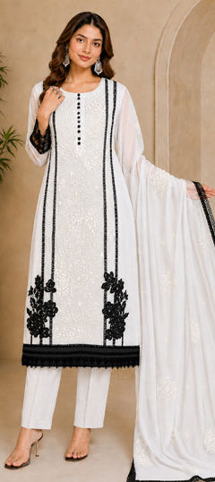 White and Off White color Salwar Kameez in Organza Silk fabric with Embroidered, Sequence work