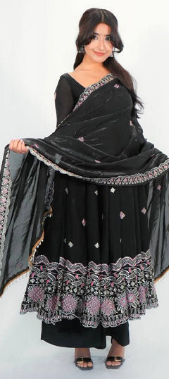 Black and Grey color Salwar Kameez in Tissue fabric with Embroidered, Sequence work