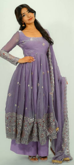 Purple and Violet color Salwar Kameez in Tissue fabric with Embroidered, Sequence work