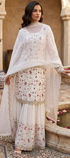 White and Off White color Salwar Kameez in Georgette fabric with Border, Embroidered, Sequence work