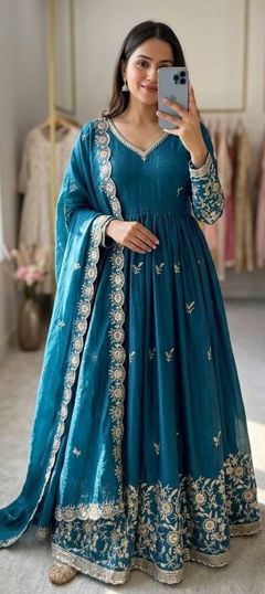 Blue color Salwar Kameez in Tissue fabric with Embroidered, Sequence work