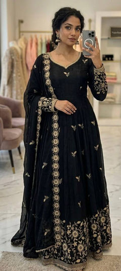 Black and Grey color Salwar Kameez in Tissue fabric with Embroidered, Sequence work