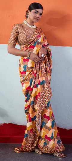 Yellow color Saree in Cotton, Crepe Silk fabric with Printed work