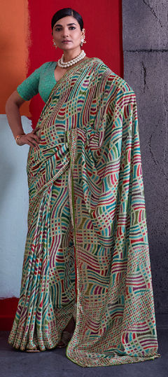 Green color Saree in Cotton, Crepe Silk fabric with Printed work