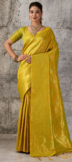Yellow color Saree in Blended fabric with Weaving, Zari work